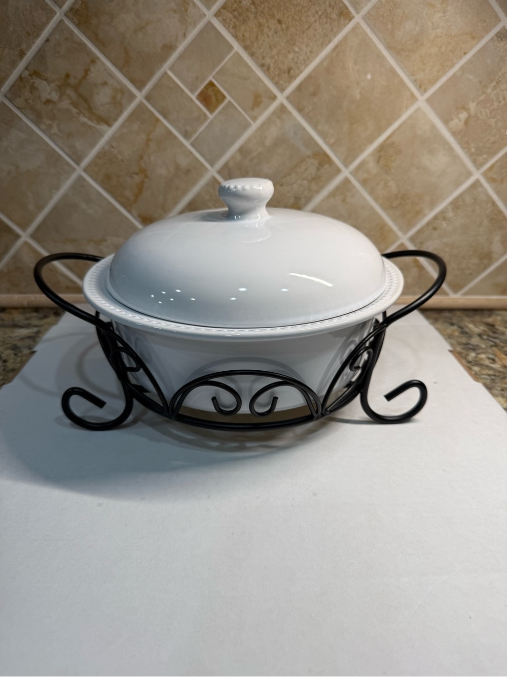 Certified International White Ceramic Covered Casserole Dish w/Black Metal Stand